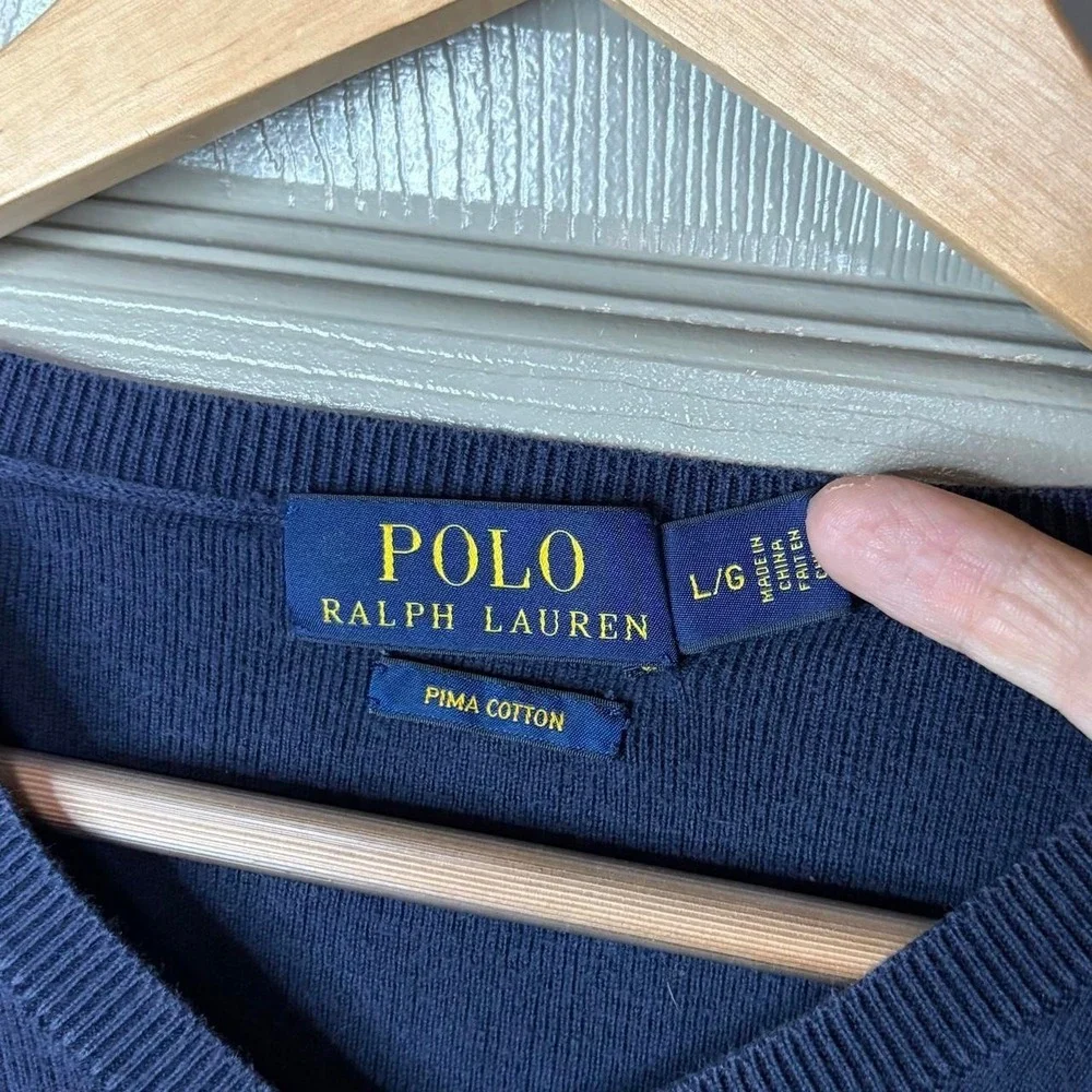 Polo Ralph Lauren Mens Large Navy Blue Pima Cotton V-Neck Sweater Red Pony